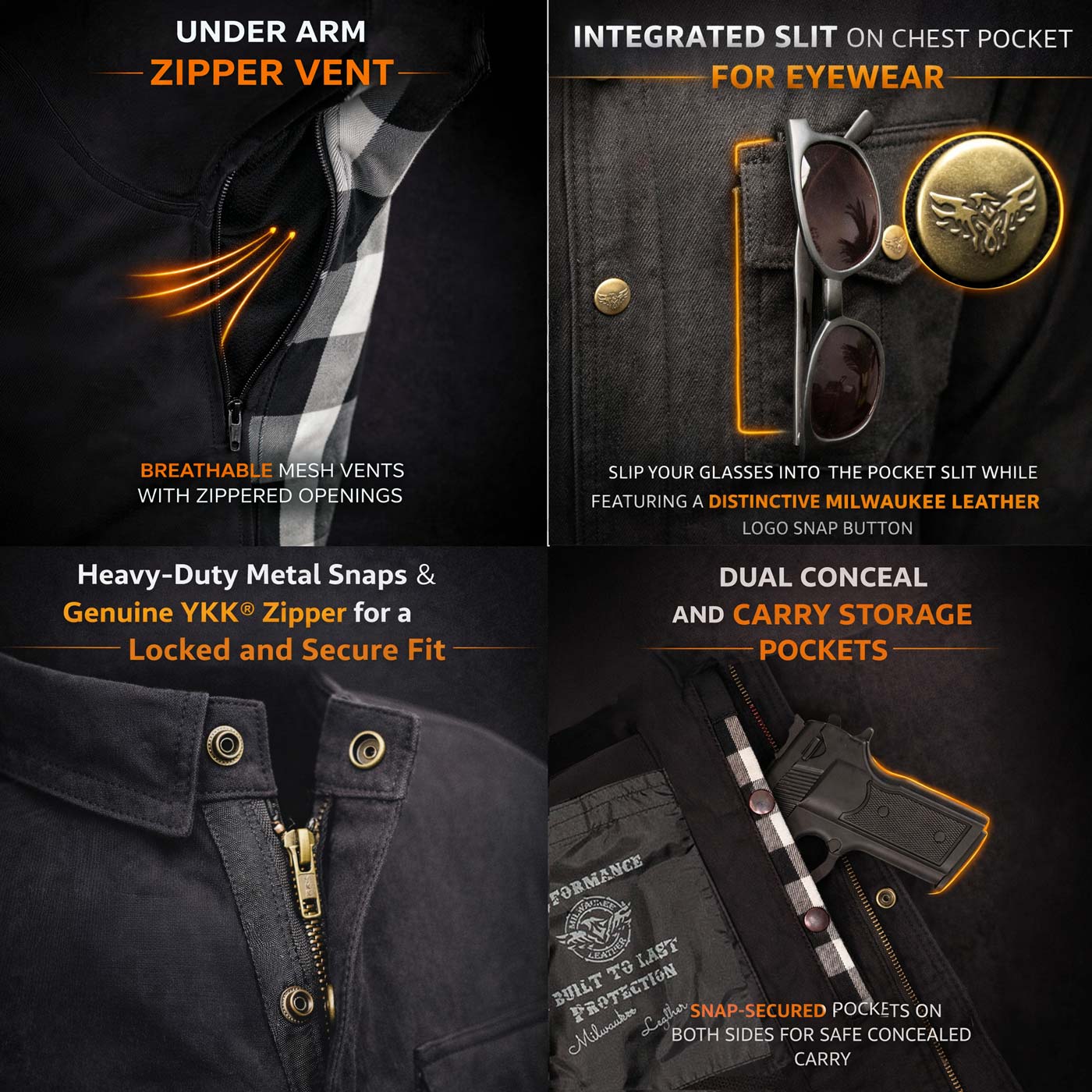 Milwaukee Leather Men’s Two-Tone CE Armored Flannel - Solid Front / Plaid Back - Reinforced w/ Aramid Fibers - MPM1672