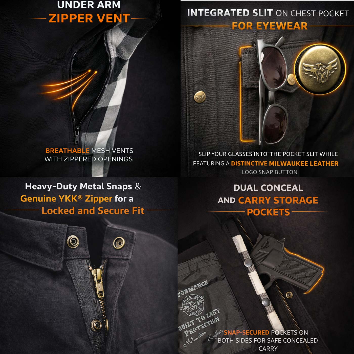 Milwaukee Leather Men’s Two-Tone CE Armored Flannel - Solid Front / Plaid Back - Reinforced w/ Aramid Fibers - MPM1670