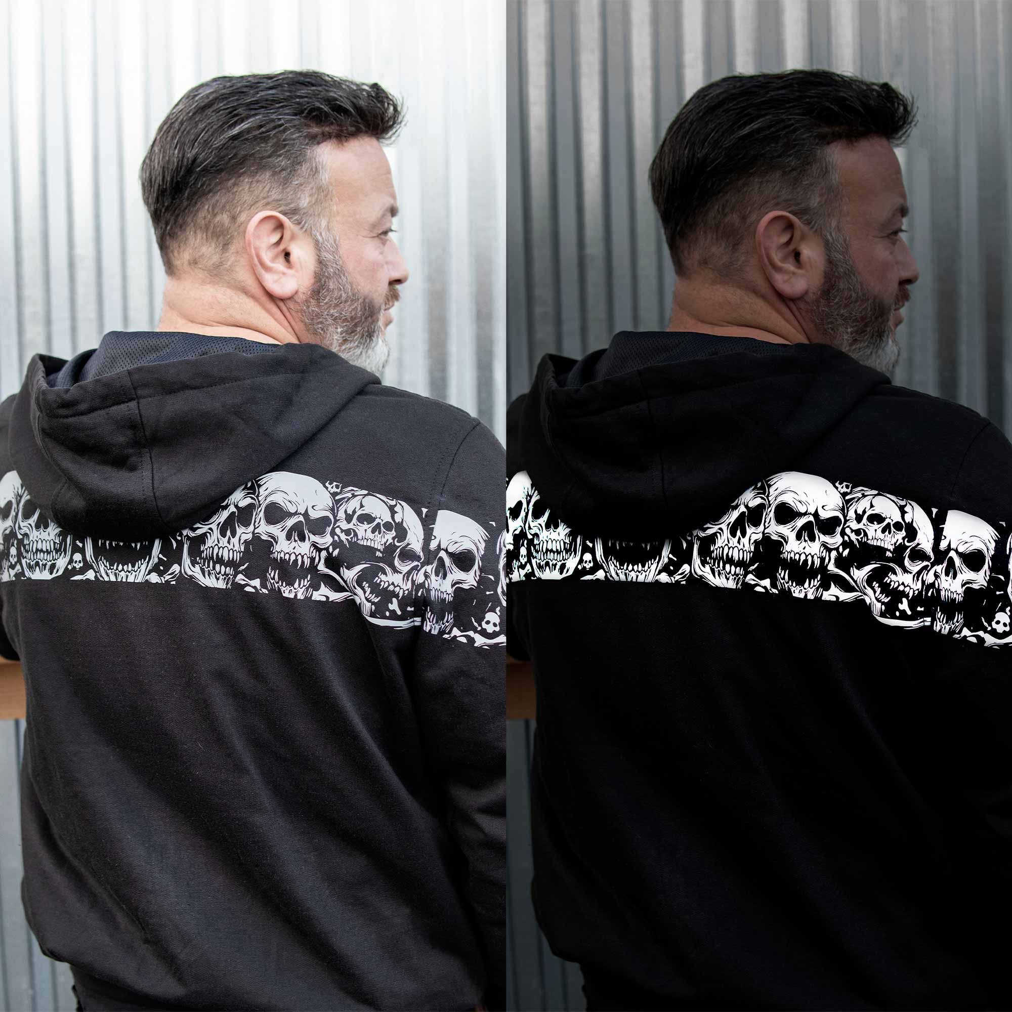 MMCC Men's Bare Bones Hoodie – Reflective Skull Graphics Front