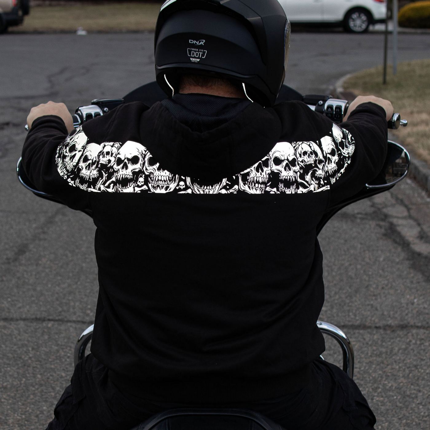 Milwaukee Leather Men's Bare Bones Black Reflective Skull CE Armored Riding Hoodie, Shoulder and Elbow Armor - MPM1798