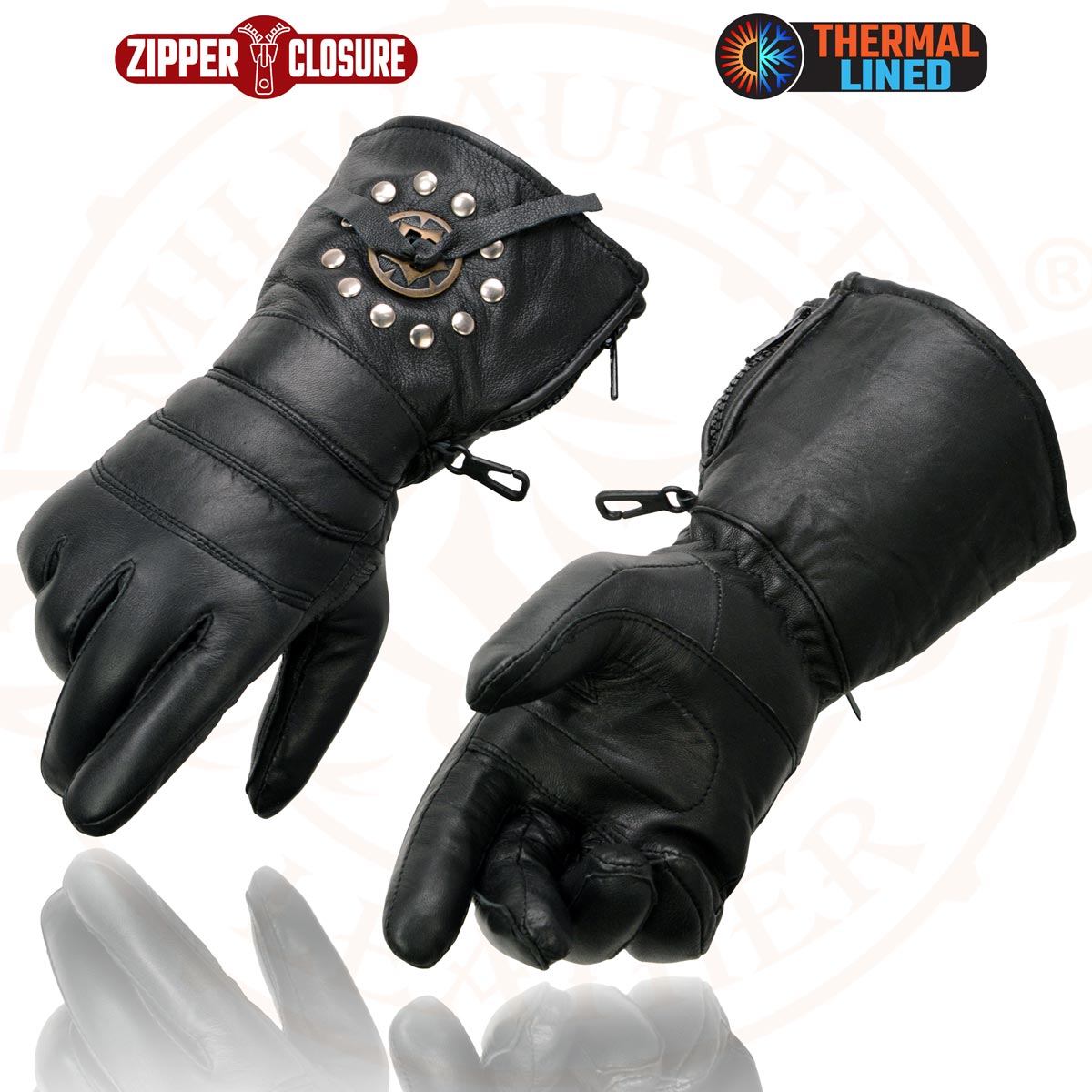 Milwaukee Leather Men's Gauntlet Motorcycle Hand Gloves-Black Leather Thermal Lined with Conchos on Cuff- SH238