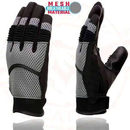 Milwaukee Leather SH791 Men's Black Leather and Grey Mesh Combo Racing Motorcycle Hand Gloves W/ Elasticized Fingers