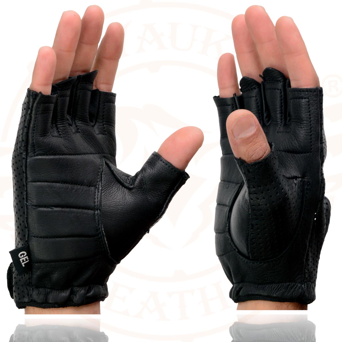 Shaf International SH877 Men's Black Leather Gel Padded Palm Fingerless Motorcycle Hand Gloves W/ ‘Welted USA Deerskin’