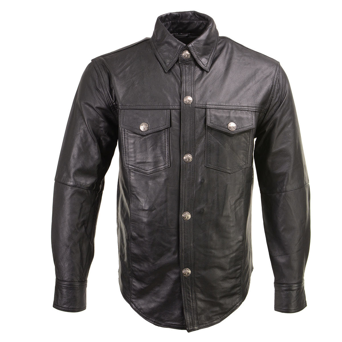 Xelement XS908B Men's 'Nickel' Black Leather Casual Biker Rider Shirt with Vintage Buffalo Buttons