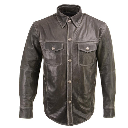 Xelement XS921G Men's 'Nickel' Distress Gray Casual Biker Rider Leather Shirt with Vintage Buffalo Buttons