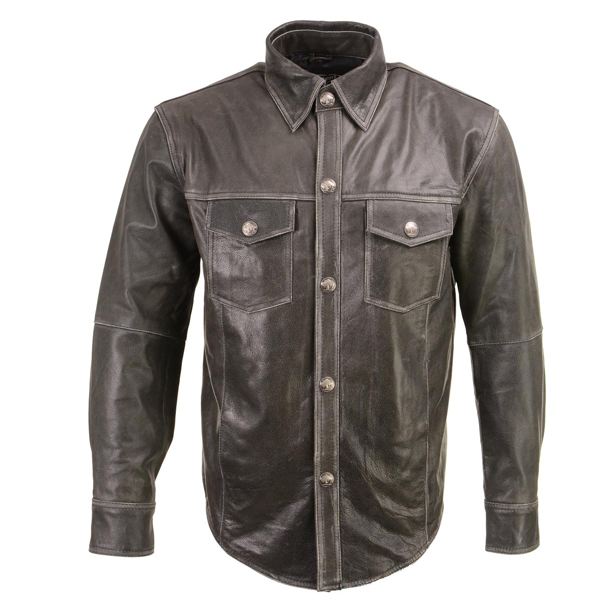 Milwaukee Leather MLM1612 Men's Distressed Grey Casual Biker Rider Leather Shirt w/ Vintage 5 Cent Buffalo Buttons