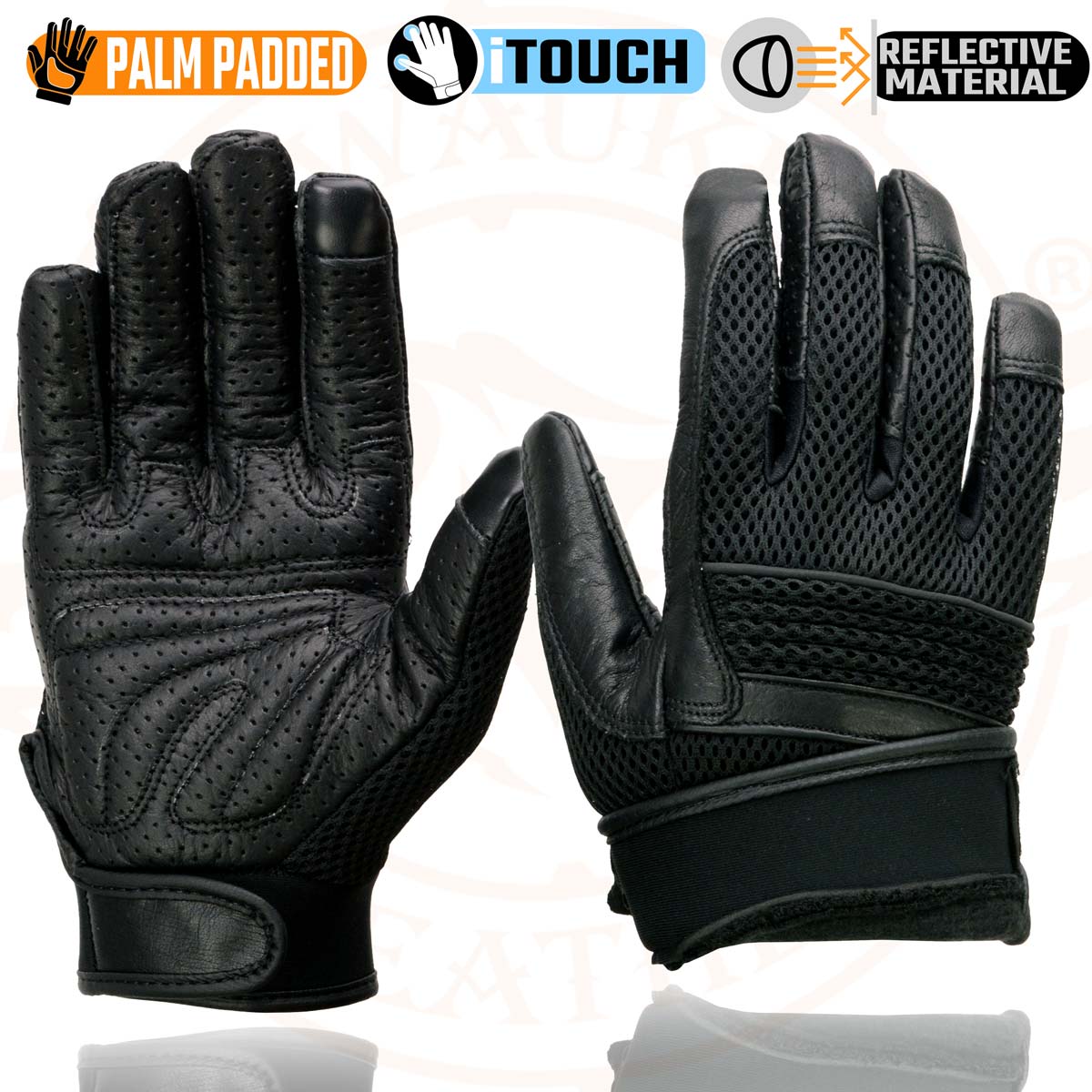 Milwaukee Leather MG7503 Men's Black Leather  i-Touch Screen Compatible Mesh Racing Motorcycle Hand Gloves W/ Reflector