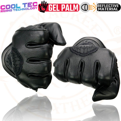 Milwaukee Leather MG7571 Men's Black ‘Col-Tec’ Leather ‘Reflective Skull’ Motorcycle Hand Gloves W/ Gel Padded Palm