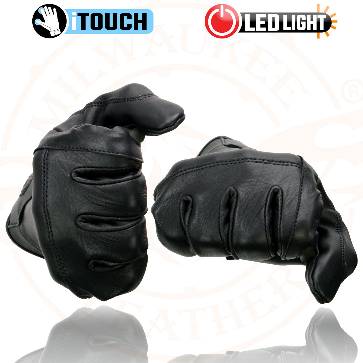 Milwaukee Leather MG7599 Men's Black Leather with i-Touch Screen Led Finger Light Motorcycle Hand Gloves