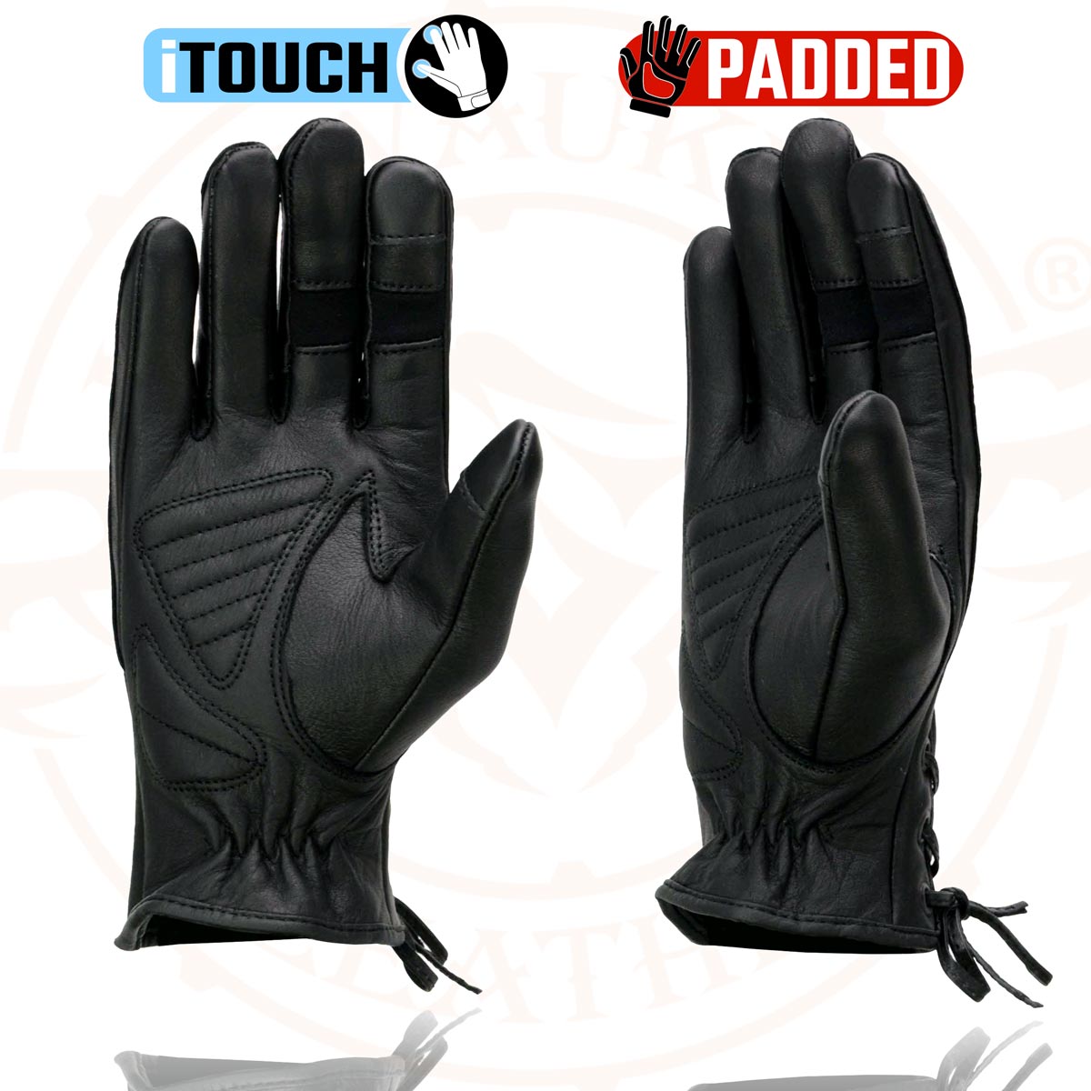 Milwaukee Leather MG7770 Women's Black Leather ’I - Touchscreen Compatible’ Laced Wrist Motorcycle Hand Gloves W/ Gel Palm