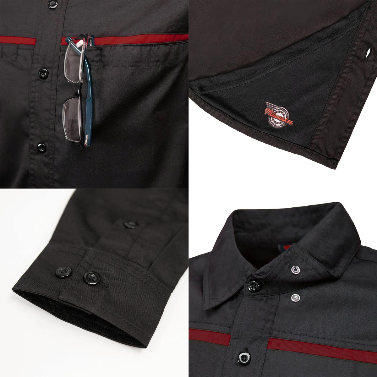 MMCC Men's Octane Long Sleeve Mechanic Shirt - Black with Red Stripe - 50-50 Cotton Poly - MMCC16002