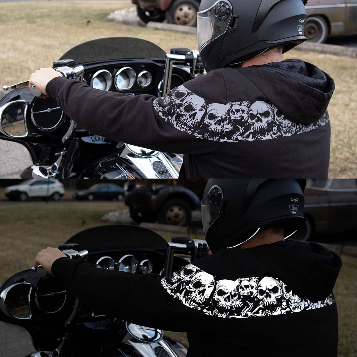 Milwaukee Leather Men's Bare Bones Black Reflective Skull CE Armored Riding Hoodie, Shoulder & Elbow Armor