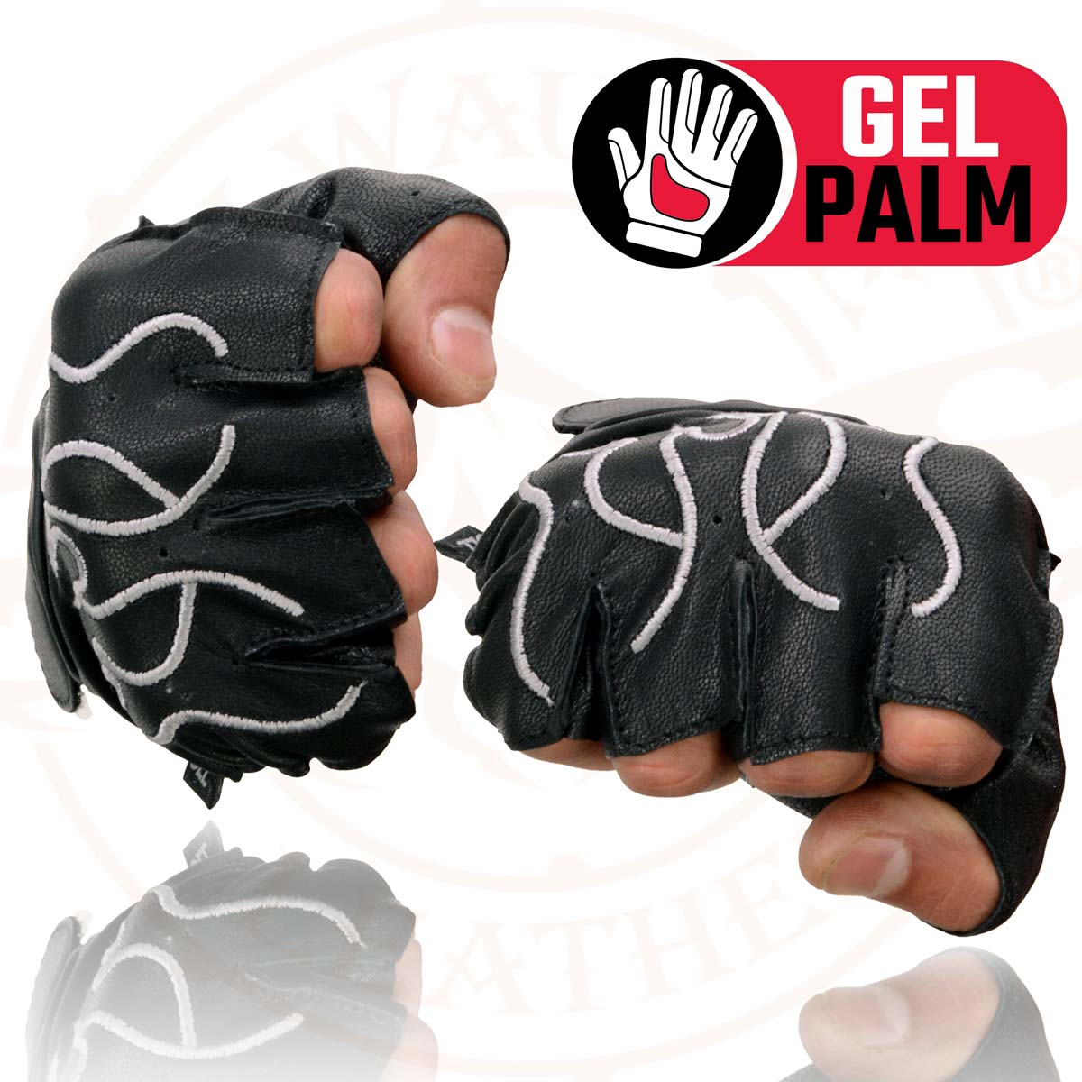 Milwaukee Leather SH198 Men's Black Leather Gel Padded Palm Fingerless Motorcycle Hand Gloves W/ ‘Grey Flame Embroidered’