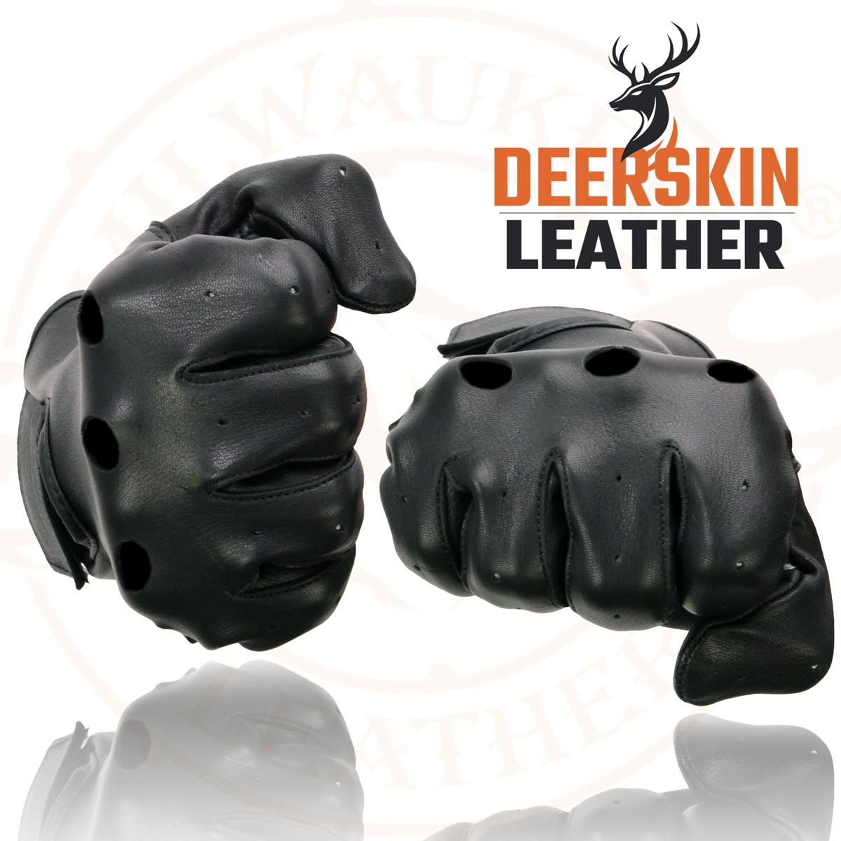 Milwaukee Leather SH868 Men's Black Perforated Deerskin Full Finger Motorcycle Hand Gloves W/ Breathable ‘Open Knuckle’