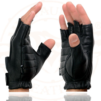 Milwaukee Leather SH878 Men's Black Leather Gel Padded Palm Fingerless Motorcycle Hand Gloves ‘Welted Genuine USA Deerskin’