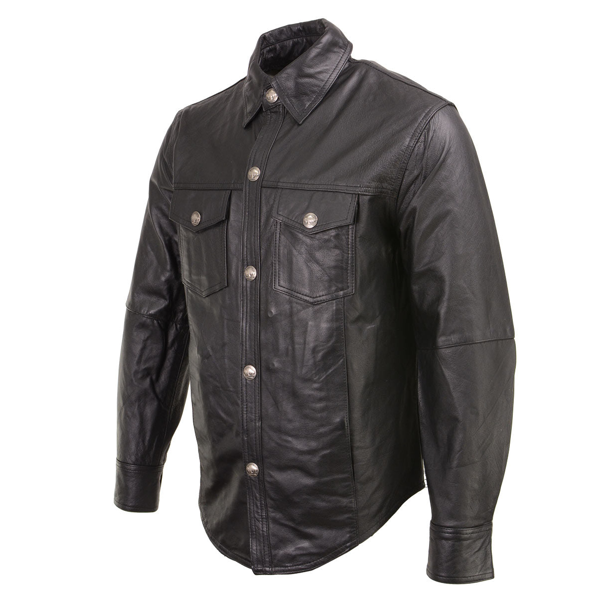 Xelement XS908B Men's 'Nickel' Black Leather Casual Biker Rider Shirt with Vintage Buffalo Buttons