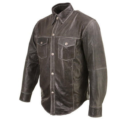 Xelement XS921G Men's 'Nickel' Distress Gray Casual Biker Rider Leather Shirt with Vintage Buffalo Buttons