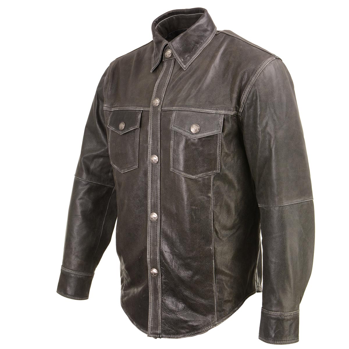 Milwaukee Leather MLM1612 Men's Distressed Grey Casual Biker Rider Leather Shirt w/ Vintage 5 Cent Buffalo Buttons