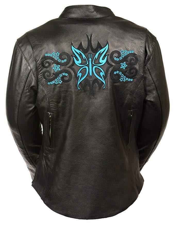 Milwaukee Leather ML2071 Women's Black Leather Jacket with Turquoise Butterfly Design