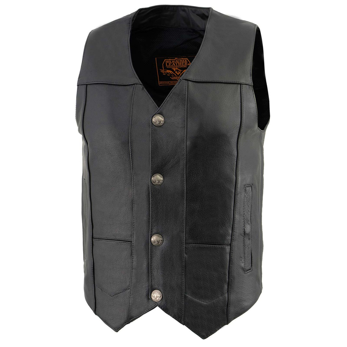 Milwaukee Leather LKM3700 Men's Black Leather Classic V-Neck Motorcycle Rider Vest w/ Buffalo Nickel Snaps Closure