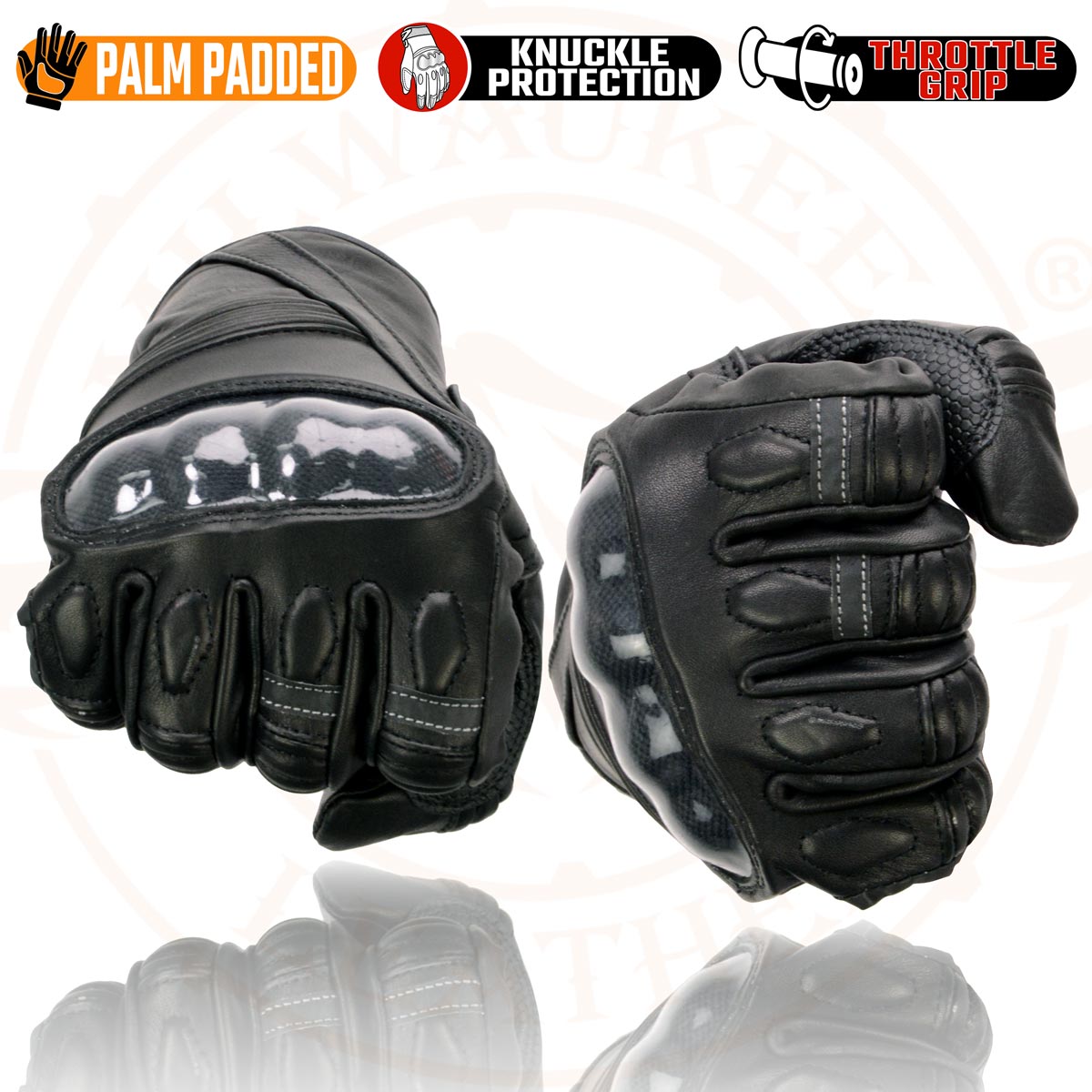 Milwaukee Leather MG7540 Men's Black Leather Protective Knuckle Racer Motorcycle Gloves W/ Elasticized Reflective Fingers