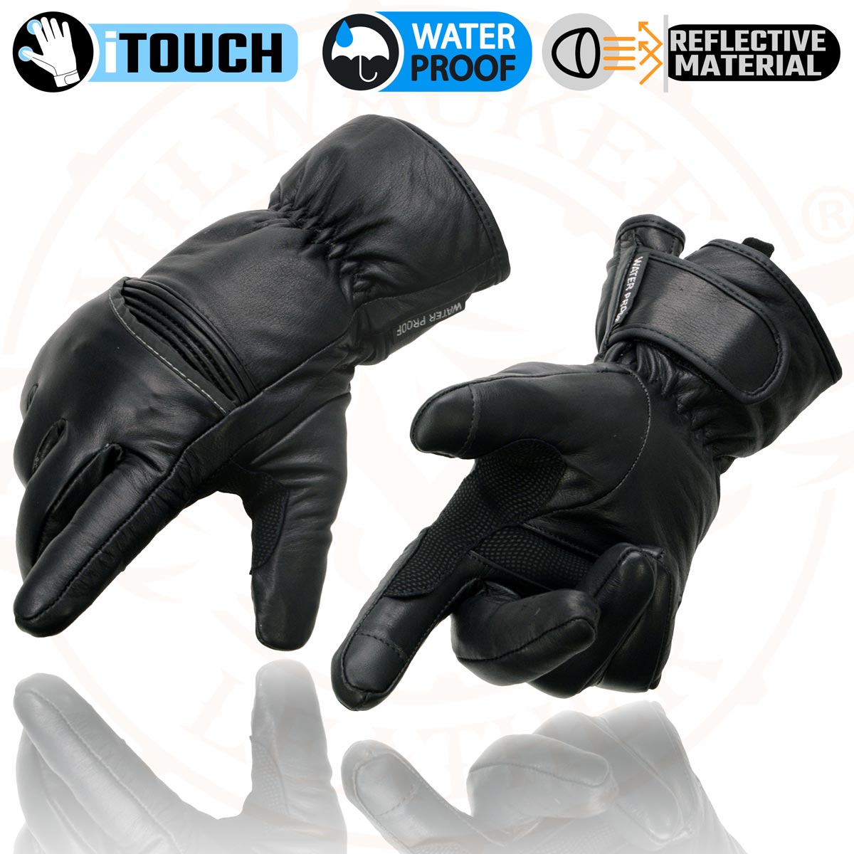 Milwaukee Leather MG7551 Men's Black Cowhide Leather Gauntlet Motorcycle Hand Gloves W/ i-Touch Screen and Waterproof