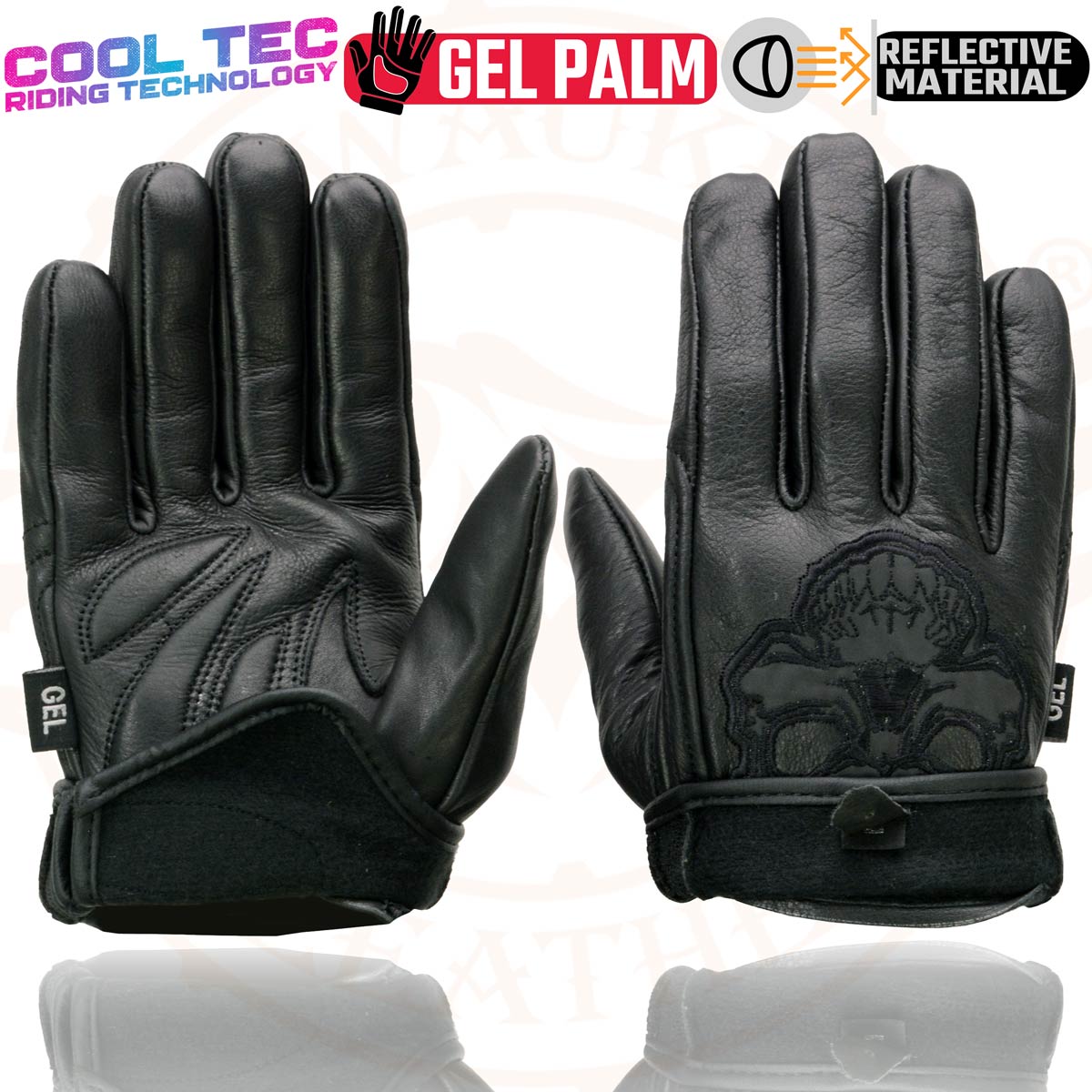 Milwaukee Leather MG7571 Men's Black ‘Col-Tec’ Leather ‘Reflective Skull’ Motorcycle Hand Gloves W/ Gel Padded Palm