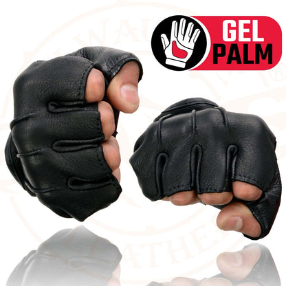 Milwaukee Leather SH878 Men's Black Leather Gel Padded Palm Fingerless Motorcycle Hand Gloves ‘Welted Genuine USA Deerskin’