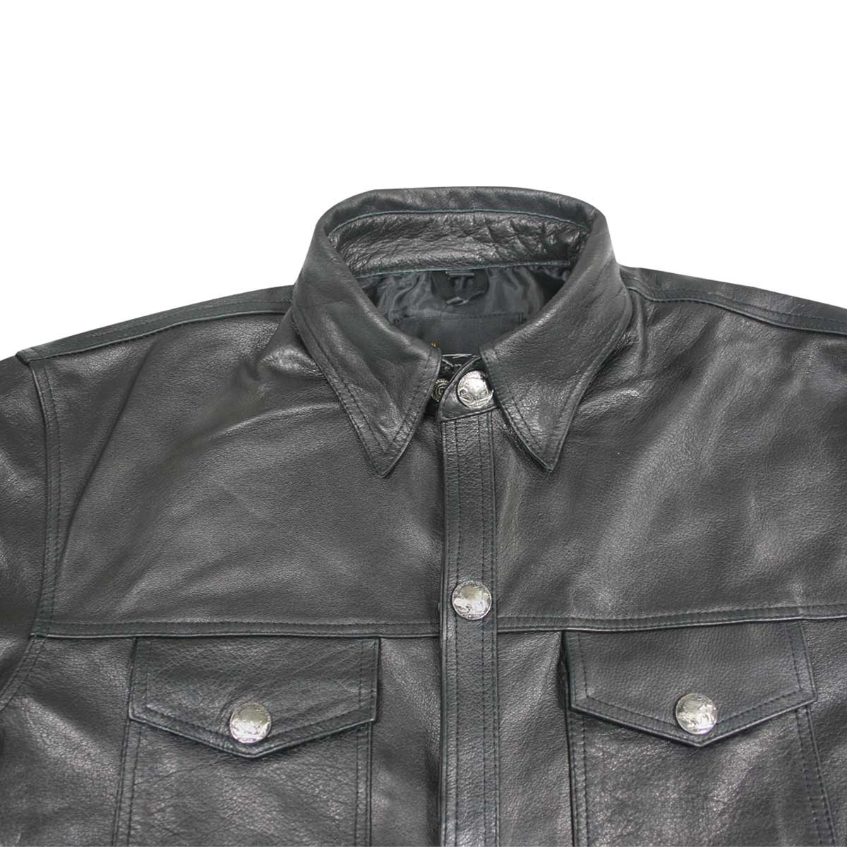 Xelement XS908B Men's 'Nickel' Black Leather Casual Biker Rider Shirt with Vintage Buffalo Buttons