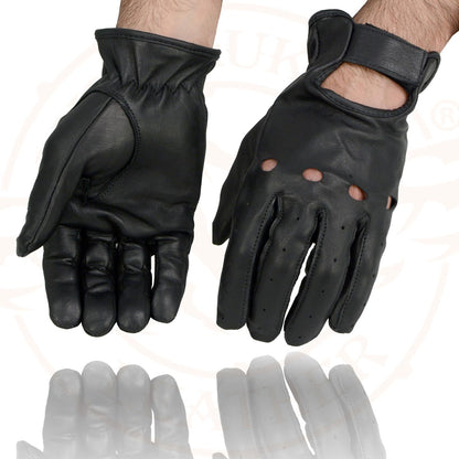 Milwaukee Leather SH247 Men's Black Perforated Leather Full Finger Motorcycle Hand Gloves W/ Breathable ‘Open Knuckle’