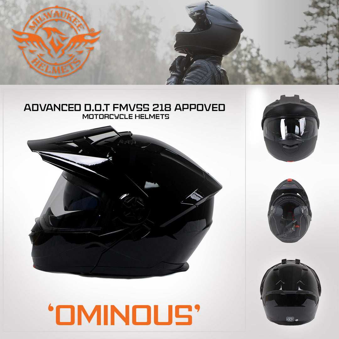 black dual sport motorcycle helmet Milwaukee Helmets Gloss Black Ominous Dual Sport Advanced Motorcycle Modular Helmet DOT Approved MPH9821DOT