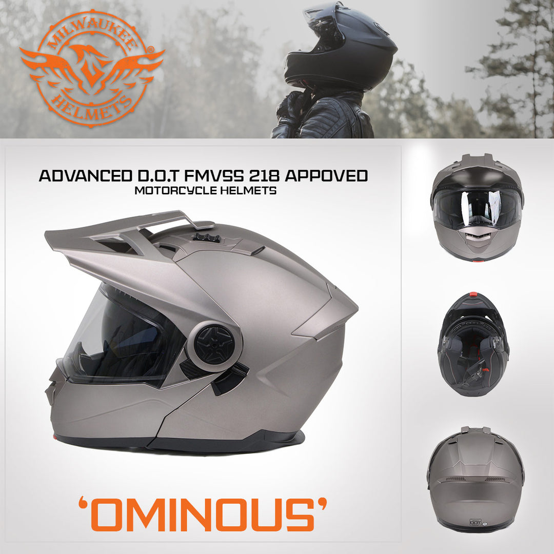 Milwaukee Helmets Silver Ominous Dual Sport Advanced Motorcycle Modular Helmet Biker DOT Approved MPH9822DOT