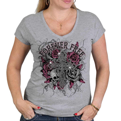 Hot Leathers GLC1557 Ladies Heather Gray Forever Free Cross Bling T-Shirt