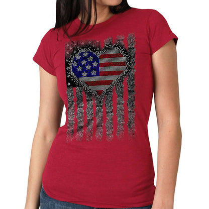 Hot Leathers GLC1558 Ladies Antique Cherry Heart Bling Flag T-Shirt