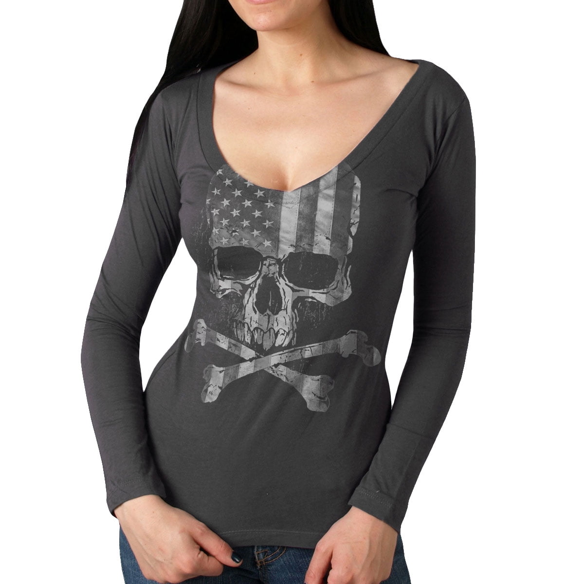 Hot Leathers GLC3495 Flag Skull Ladies Smoke Color Long Sleeve Shirt