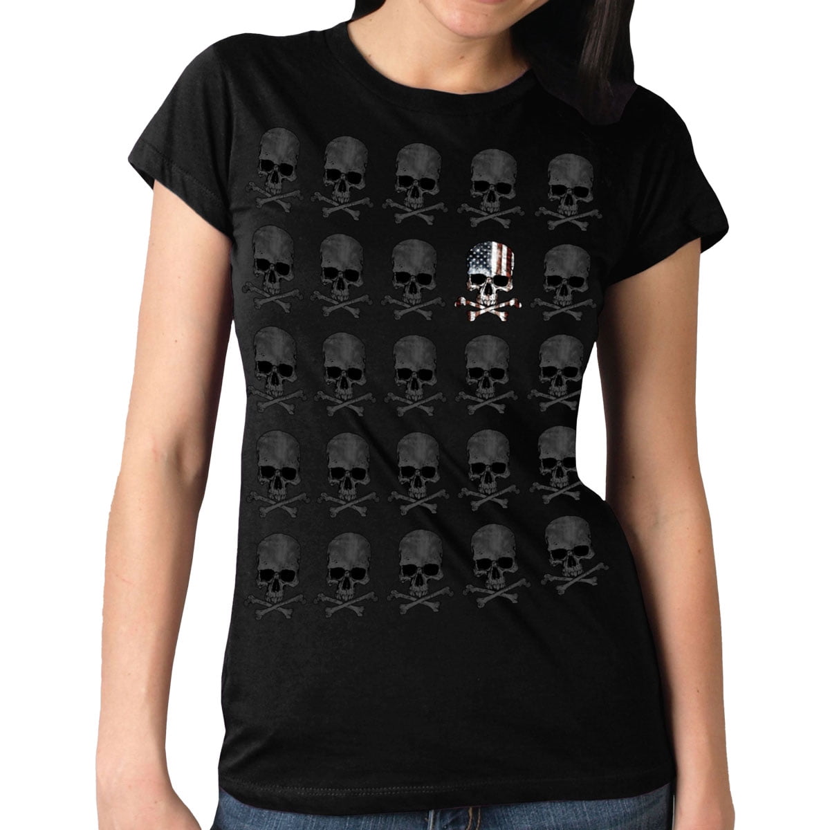 Hot Leathers GLR1513 Skull Pattern Full Cut Ladies Black T-Shirt