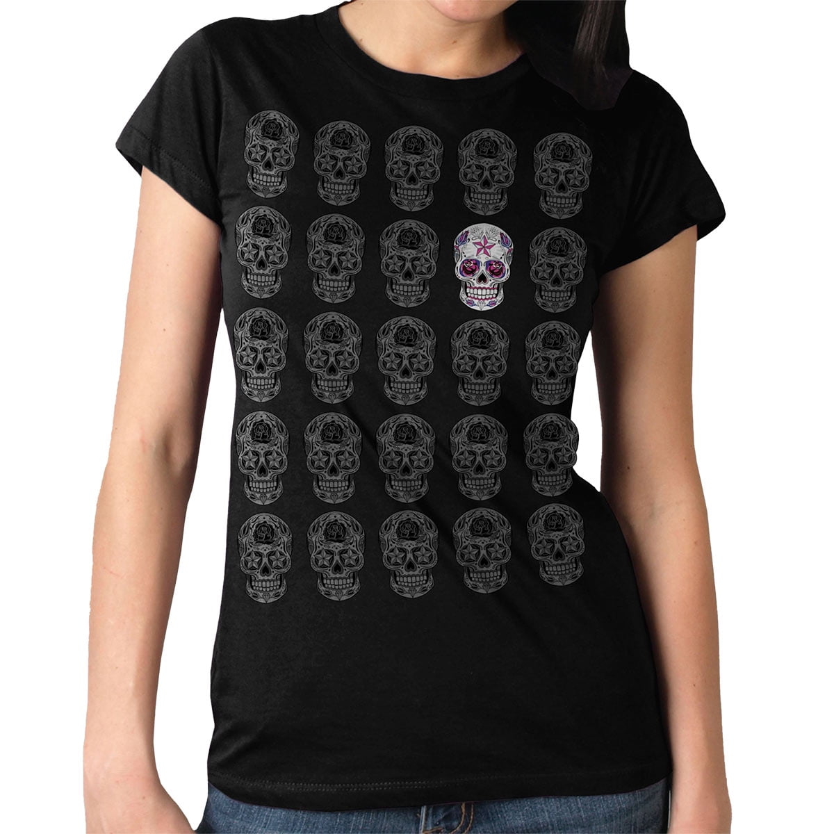 Hot Leathers GLR1519 Sugar Skull Pattern Ladies Full Cut Black T-Shirt