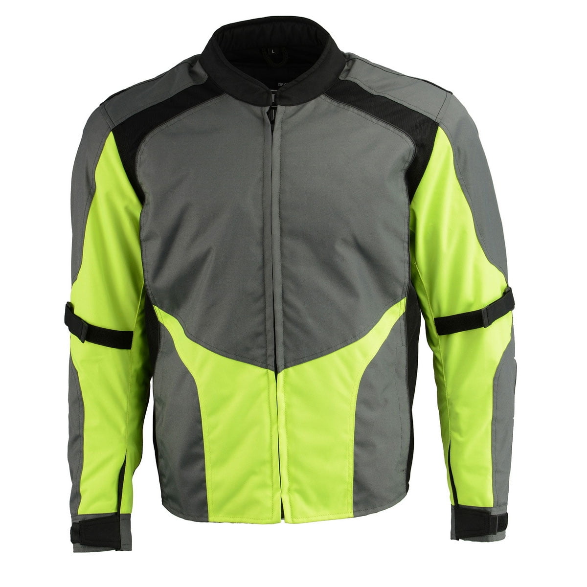 M Boss Motorcycle Apparel BOS11706 Men's Grey/Hi-Vis Green Nylon Motorcycle Racer Jacket with Armor Protection