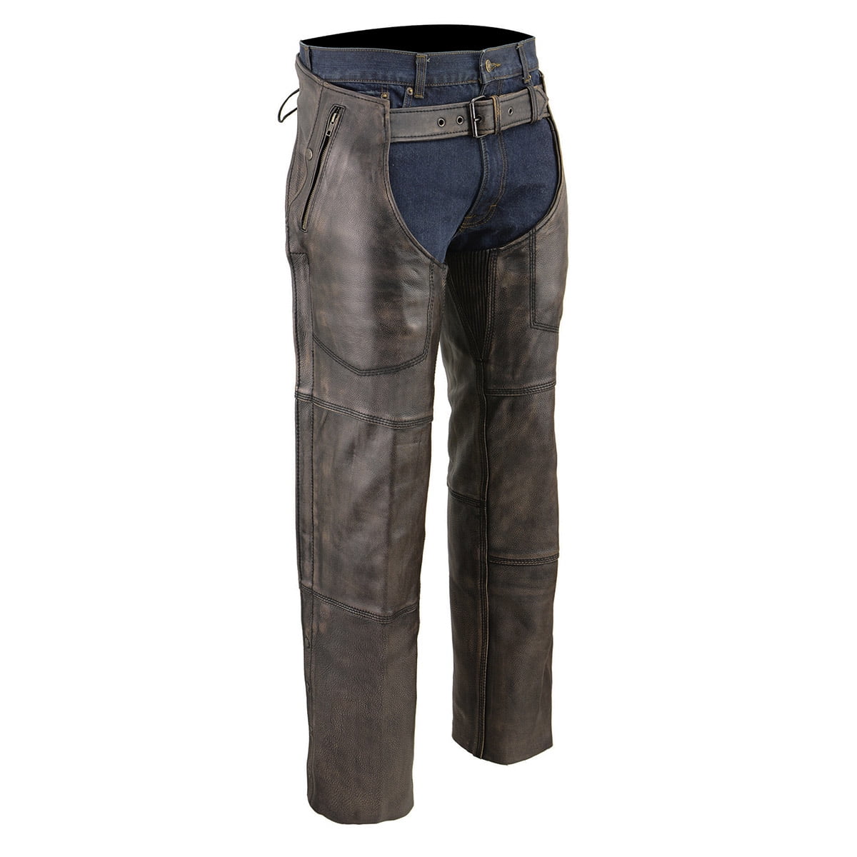 Milwaukee Leather Chaps for Men's Distressed Brown Leather Snap Out Thermal Lined 4-Pockets Motorcycle Chap MLM5500