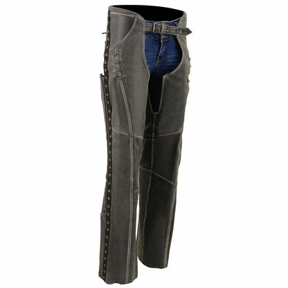 Milwaukee Leather Women Distress Grey Premium Leather Motorcycle Chaps w/ Accent Lace Details MLL6536