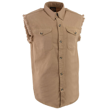 Milwaukee Leather DM4005 Men's Beige Lightweight Denim Shirt with Frayed Cut Off Sleeveless