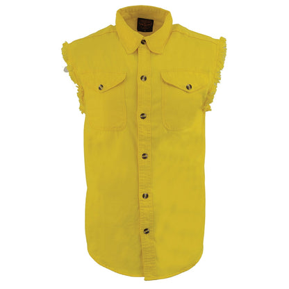 Milwaukee Leather DM4008 Men's Yellow Lightweight Denim Shirt with with Frayed Cut Off Sleeveless Look