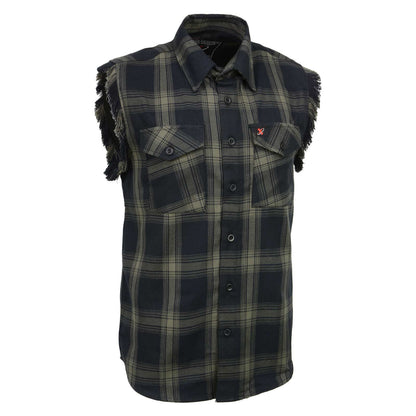 Milwaukee Leather MNG11695 Men’s Classic Black and Dark Grey Button-Down Flannel Cut Off Frayed Sleeveless Casual Shirt