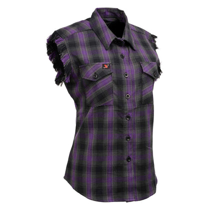 Milwaukee Leather MNG21624 Women's Flannel Black/Purple Button Sleeveless Cut Off Shirt w/ Frill Arms