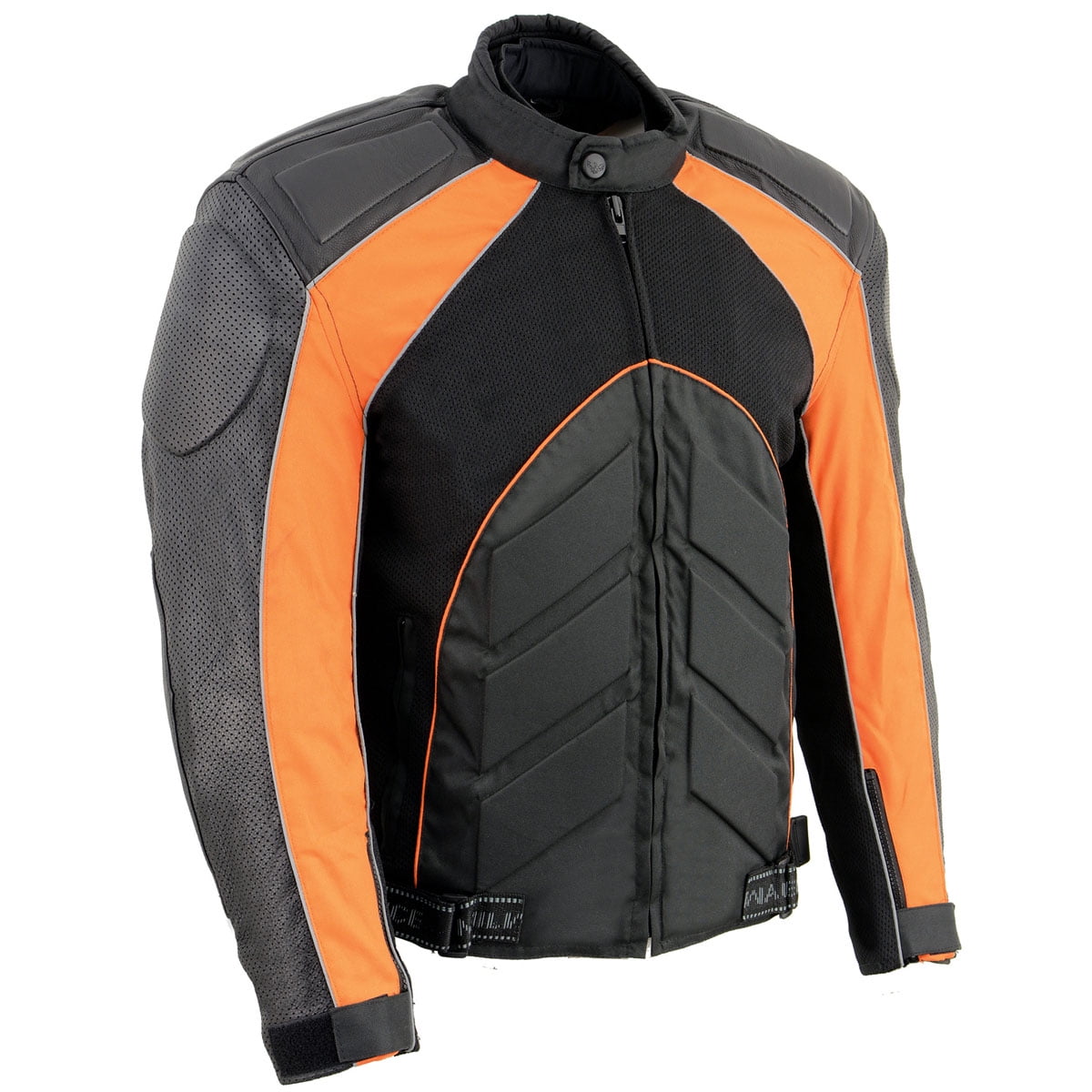 NexGen SH2153 Men's Black and Orange Armored Moto Textile and Leather Combo Jacket