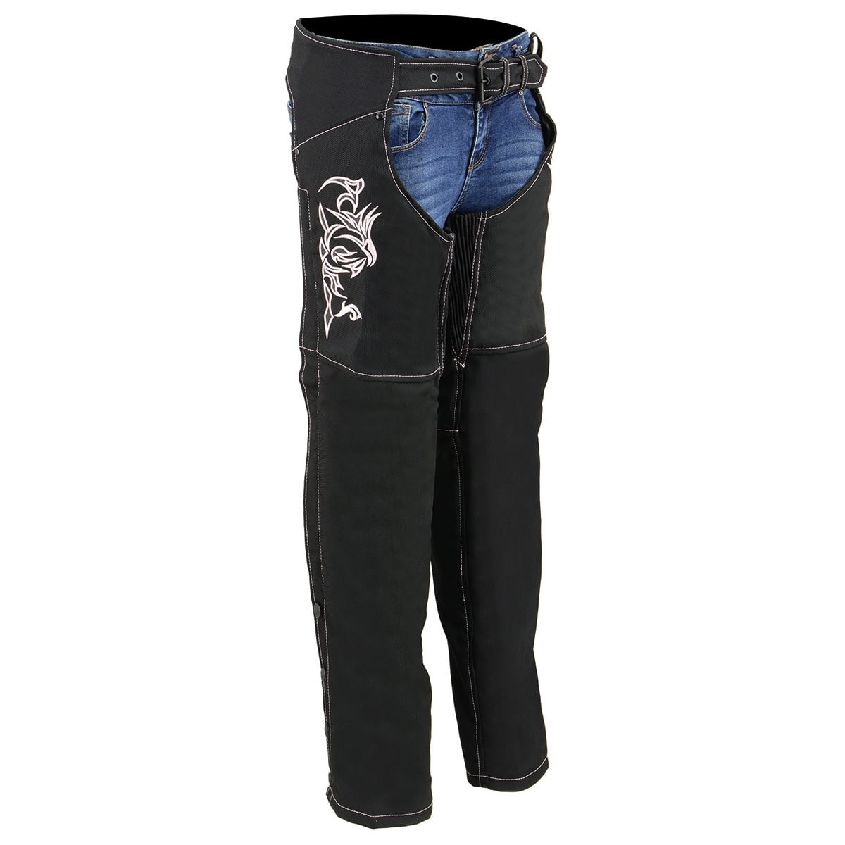 Milwaukee Leather SH1182 Women's Black with Pink Textile Motorcycle Riding Chaps with Tribal Embroidery