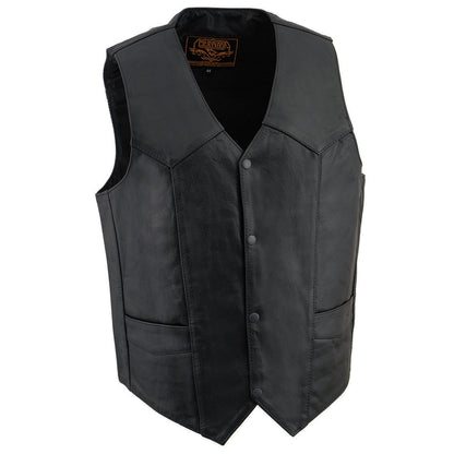 Milwaukee Leather SH1310 Men's Black Leather Classic V-Neck Motorcycle Rider Vest w/ Front Snap Button Closure