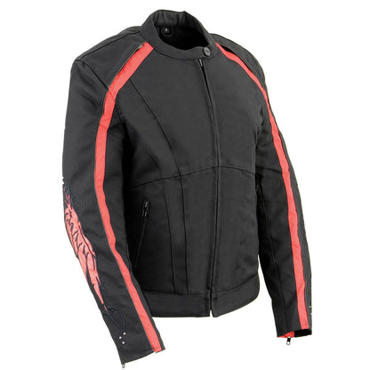 Milwaukee Leather SH1954 Women's Black and Red Textile Jacket with Stud and Wings Detailing