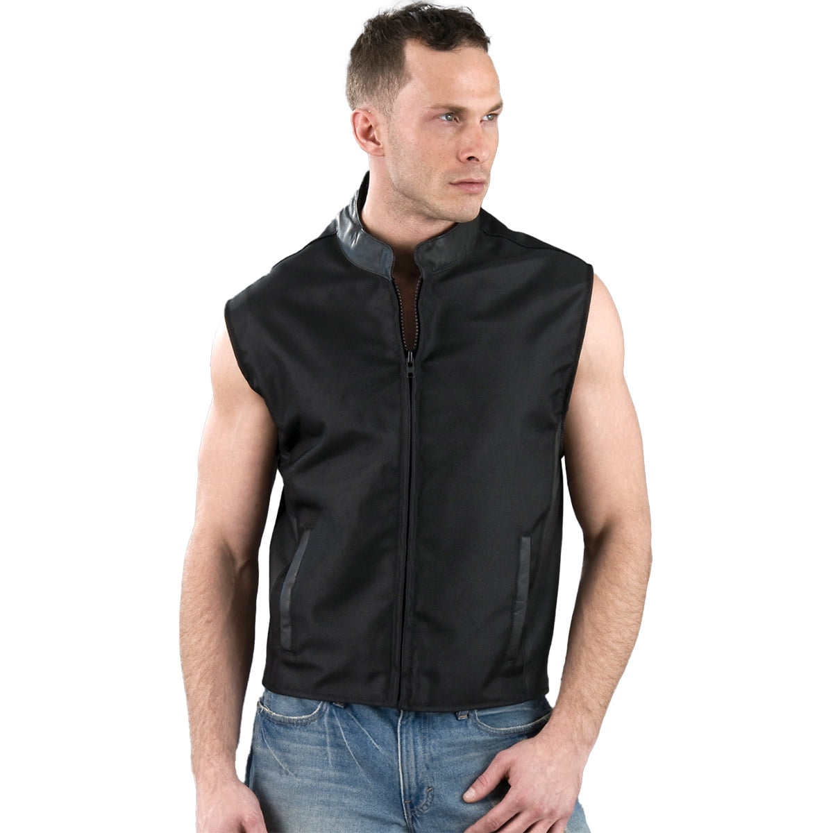 Milwaukee Leather SH2019 Men's Black Textile and Leather Zipper Front Moto Vest