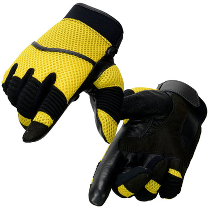 Milwaukee Leather SH791 Men's Black Leather and Yellow Mesh Combo Racing Motorcycle Hand Gloves W/ Elasticized Fingers